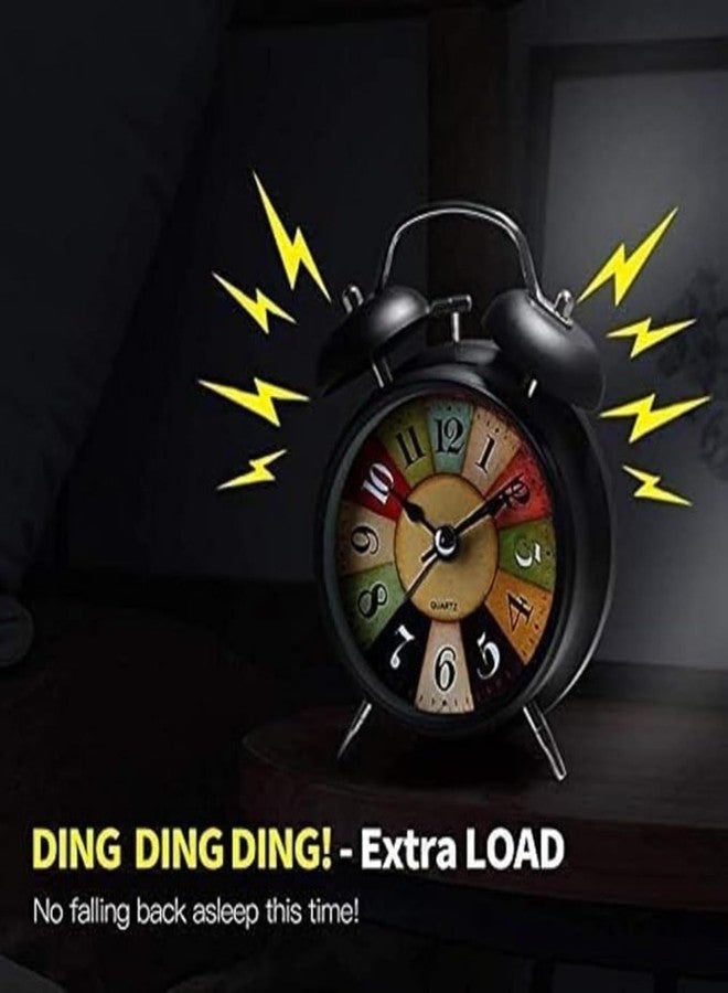 PHvilla Table Analog Clock Retro Twin Bell Metal Frame Alarm Clock with Night Backlight Function Super Loud for Heavy Sleepers Adults, Twin Bell Retro Quartz with Backlight (Black), 9*12 Cm - Image 2